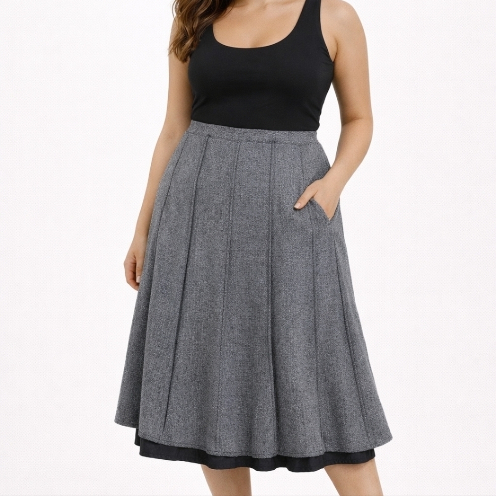 Gray Tweed A-Line Skirt Midi Length Vintage Style EUC